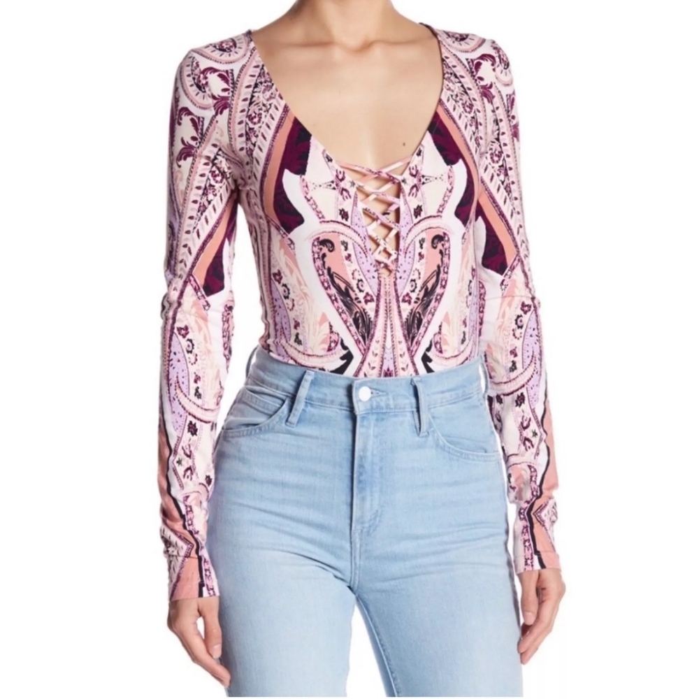Free People "Pick A Place" Pink Bodysuit Small Boho Paisley